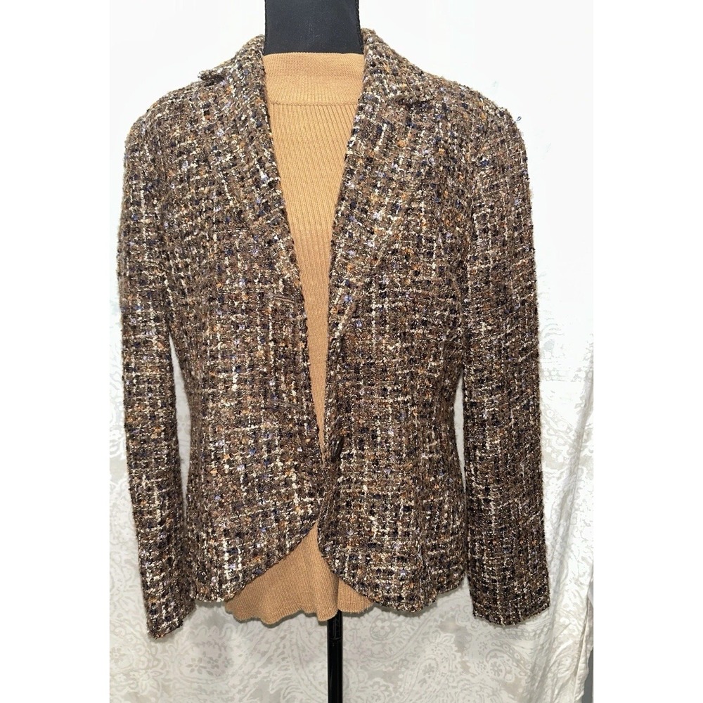 Coldwater Creek Women's Jacket 12 Brown Ribbon Weave Blazer And Mock Neck LS - Picture 2 of 12